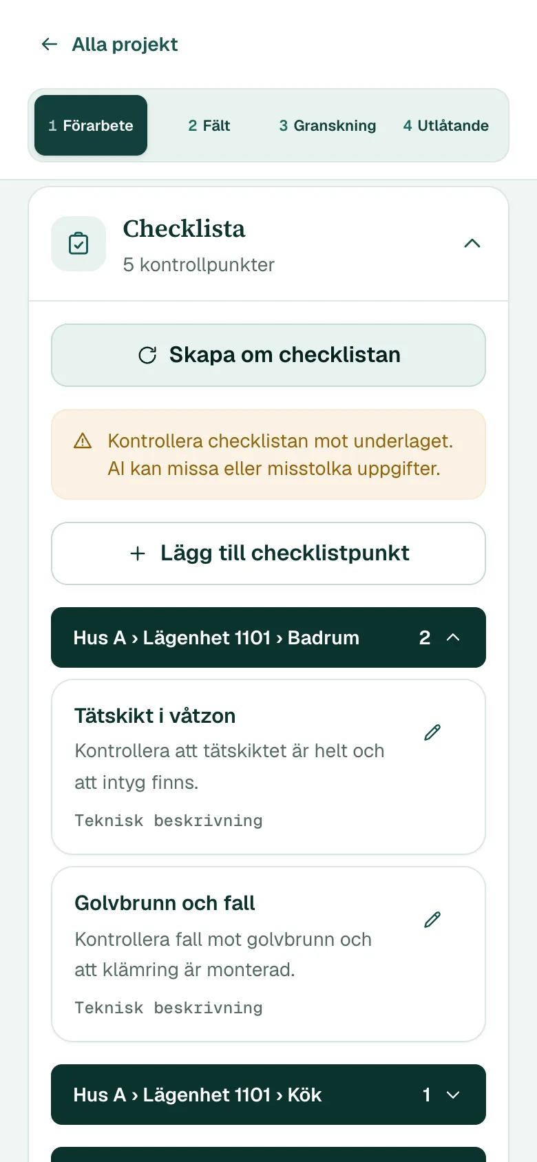 Checklistan i förarbetet, sorterad per lägenhet och rum
