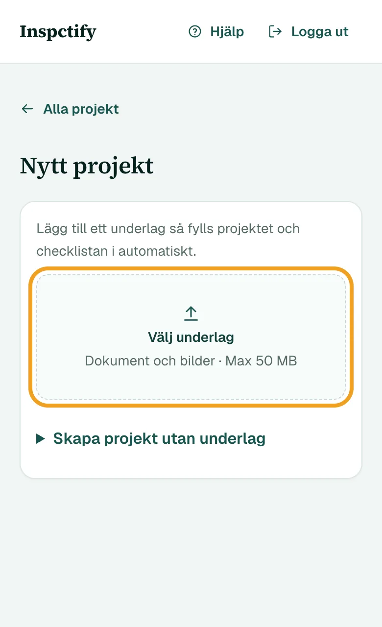 Sidan Nytt projekt med rutan Välj underlag inringad