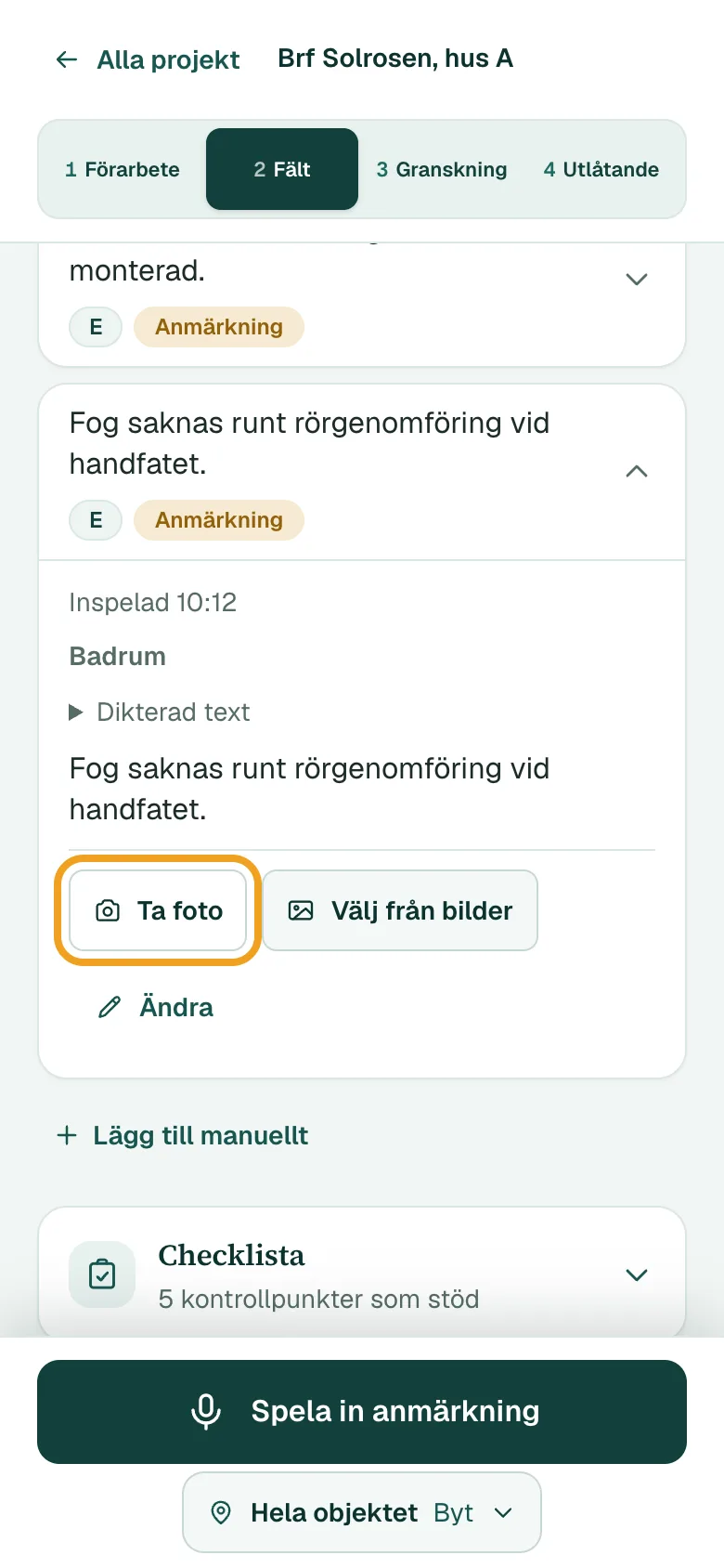 En öppnad anmärkning med knappen Ta foto inringad