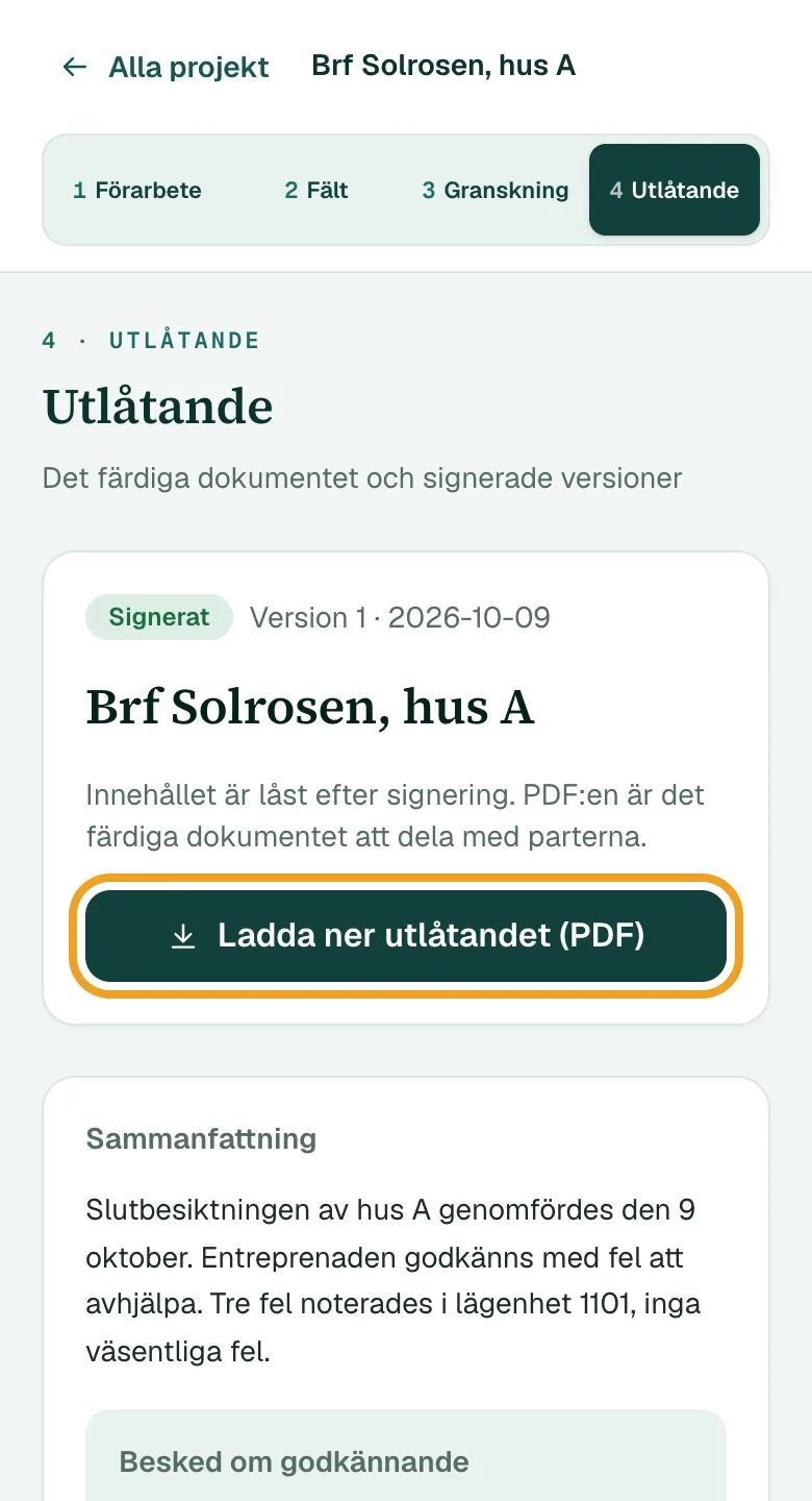 Det signerade utlåtandet med knappen Ladda ner utlåtandet (PDF) inringad